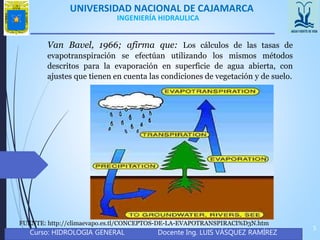 UNIVERSIDAD NACIONAL DE CAJAMARCA
Curso: HIDROLOGIA GENERAL Docente Ing. LUIS VÁSQUEZ RAMÍREZ
5
INGENIERÍA HIDRAULICA
Van Bavel, 1966; afirma que: Los cálculos de las tasas de
evapotranspiración se efectúan utilizando los mismos métodos
descritos para la evaporación en superficie de agua abierta, con
ajustes que tienen en cuenta las condiciones de vegetación y de suelo.
FUENTE: http://climaevapo.es.tl/CONCEPTOS-DE-LA-EVAPOTRANSPIRACI%D3N.htm
 