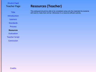 Resources (Teacher) [ Student Page ] Title Introduction Learners Standards Process Resources Credits Teacher Page This webquest should be able to be completed using only the materials the students will need to make their animal. Otherwise it’s a resource efficient activity. Evaluation Teacher Script Conclusion 