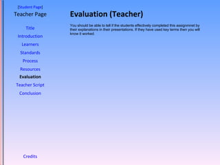 Evaluation (Teacher) [ Student Page ] Title Introduction Learners Standards Process Resources Credits Teacher Page You should be able to tell if the students effectively completed this assignmnet by their explanations in their presentations. If they have used key terms then you will know it worked. Evaluation Teacher Script Conclusion 
