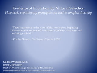 Evidence of Evolution by Natural Selection
How basic evolutionary principals can lead to complex diversity
“There is grandeur in this view of life…so simple a beginning
endless forms most beautiful and most wonderful have been, and
are being evolved.”
- Charles Darwin, The Origins of Species (1859)
Madison W Elsaadi Ms.c.
LSUHSC Shreveport
Dept. of Pharmacology, Toxicology, & Neuroscience
(See notes for explanations & links to papers/articles/exercises)
 