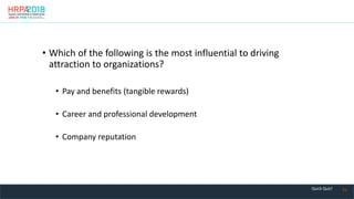 25
• Which of the following is the most influential to driving
attraction to organizations?
• Pay and benefits (tangible rewards)
• Career and professional development
• Company reputation
Quick Quiz!
 