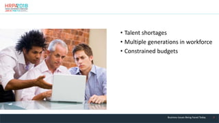 8
• Talent shortages
• Multiple generations in workforce
• Constrained budgets
Business Issues Being Faced Today
 