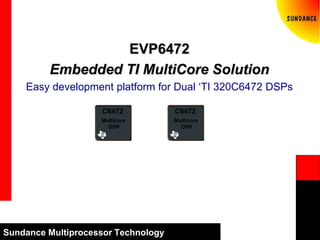 Sundance Multiprocessor Technology
EVP6472
Embedded TI MultiCore Solution
Easy development platform for Dual ‘TI 320C6472 DSPs
C6472
Multicore
DSP
C6472
Multicore
DSP
 
