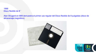 1968
Disco flexible de 8``
Alan Shugard en IBM demuestra el primer uso regular del Disco flexible de 8 pulgadas (disco de
almacenaje magnético).
 