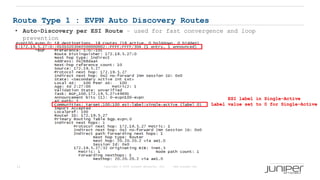 11 Copyright © 2009 Juniper Networks, Inc. www.juniper.net
Route Type 1 : EVPN Auto Discovery Routes
ESI label in Single-Active
Label value set to 0 for Single-Active
• Auto-Discovery per ESI Route – used for fast convergence and loop
prevention
 