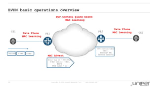 24 Copyright © 2009 Juniper Networks, Inc. www.juniper.net
EVPN basic operations overview
PE1
PE2
CE1 CE2
Data Plane
MAC Learning
Data Plane
MAC Learning
BGP Control plane based
MAC learning
Payload S MAC D MAC
Ether Tag ID = EVI EVLAN
S MAC Address = MAC1
ESI=0
MPLS Label = L1
MAC Advert
EVI routing table
MAC1:
Nexthop= PE1
Service Label=L1
 