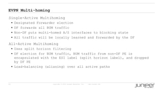 25 Copyright © 2009 Juniper Networks, Inc. www.juniper.net
EVPN Multi-homing
Single-Active Multihoming
 Designated Forwarder election
 DF forwards all BUM traffic
 Non-DF puts multi-homed A/S interfaces to blocking state
 All traffic will be locally learned and forwarded by the DF
All-Active Multihoming
 Uses split horizon filtering
 DF election for BUM traffic, BUM traffic from non-DF PE is
encapsulated with the ESI label (split horizon label), and dropped
by DF PE
 Load-balancing (aliasing) over all active paths
 