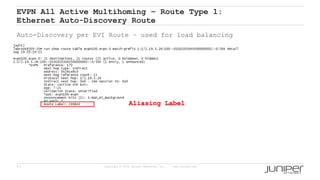 37 Copyright © 2009 Juniper Networks, Inc. www.juniper.net
EVPN All Active Multihoming – Route Type 1:
Ethernet Auto-Discovery Route
Auto-Discovery per EVI Route – used for load balancing
Aliasing Label
 