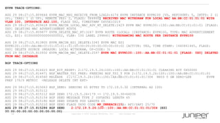 44 Copyright © 2009 Juniper Networks, Inc. www.juniper.net
EVPN TRACE-OPTIONS:
AUG 29 08:27:15.809444 EVPN_MAC_MSG_RECEIVE_FROM_L2ALD:4174 EVPN INSTANCE EVPN100 [VS, REFCOUNT: 5, INTFS: 2 (1
UP), IRBS: 1 (1 UP), REMOTE PES: 2, FLAGS: 0X4800] RECEIVED MAC WITHDRAW FOR LOCAL MAC AA:BB:CC:01:01:01 WITH
VLAN 100, INTERFACE AE2.100, FLAGS 0X2, TIMESTAMP 0X55E1CD19
AUG 29 08:27:15.809618 EVPN_MACDB_LOCAL_MAC_ADV_RT_DELETE:2429 EVPN MAC EVPN100::100::AA:BB:CC:01:01:01 [FLAGS:
0X0] DELETING MAC ADVERTISEMENT ROUTE
AUG 29 08:27:15.809677 EVPN_DELETE_MAC_RT:3267 EVPN ROUTE (LOCAL) [INSTANCE: EVPN100, TYPE: MAC ADVERTISEMENT
(2), ESI: 01000000000000000002, VLAN: 100 LABEL 299840] WITHDRAWING MAC ROUTE PER INSTANCE EVPN100
AUG 29 08:27:15.813800 EVPN_MACDB_ESI_DELETE:3345 EVPN MAC ESI
EVPN100::100::AA:BB:CC:01:01:01::01:00:00:00:00:00:00:00:00:02 [ACTIVE: YES, TIME STAMP: 1440861465, FLAGS:
0X0] DELETE SOURCE (REASON: LOCAL WITHDRAW, OP-CODE: 3)
AUG 29 08:27:15.813932 EVPN_MACDB_MAC_DELETE:2597 EVPN MAC EVPN100::100::AA:BB:CC:01:01:01 [FLAGS: 0X0] DELETED
FROM MAC DATABASE
BGP TRACE-OPTIONS
AUG 29 08:27:15.814415 BGP_BIT_RESET: 2:172.19.5.26:100::100::AA:BB:CC:01:01:01 CLEARING BIT 0X50000
AUG 29 08:27:15.814471 BGP_MASTER_TSI_FREE: FREEING BGP_TSI_T FOR 2:172.19.5.26:100::100::AA:BB:CC:01:01:01
AUG 29 08:27:15.814560 RELEASE 2:172.19.5.26:100::100::AA:BB:CC:01:01:01/304 NHID 0 GW ZERO-LEN EVPN
PREF 170/0 METRIC <RELEASE DELETE INT EXT>
AUG 29 08:27:15.815063 BGP_SEND: SENDING 65 BYTES TO 172.19.5.30 (INTERNAL AS 100)
AUG 29 08:27:15.815112
AUG 29 08:27:15.815112 BGP SEND 172.19.5.26+179 -> 172.19.5.30+64030
AUG 29 08:27:15.815154 BGP SEND MESSAGE TYPE 2 (UPDATE) LENGTH 65
AUG 29 08:27:15.815180 BGP SEND UPDATE PDU LENGTH 65
AUG 29 08:27:15.815210 BGP SEND FLAGS 0X90 CODE MP_UNREACH(15): AFI/SAFI 25/70
AUG 29 08:27:15.815286 BGP SEND 2:172.19.5.26:100::100::AA:BB:CC:01:01:01/304 (ESI
00:00:00:00:00:00:00:00:00:00)
 