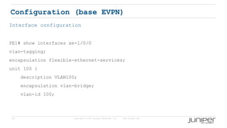 54 Copyright © 2009 Juniper Networks, Inc. www.juniper.net
Configuration (base EVPN)
Interface configuration
PE1# show interfaces xe-1/0/0
vlan-tagging;
encapsulation flexible-ethernet-services;
unit 100 {
description VLAN100;
encapsulation vlan-bridge;
vlan-id 100;
 