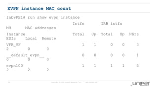 59 Copyright © 2009 Juniper Networks, Inc. www.juniper.net
EVPN instance MAC count
lab@PE1# run show evpn instance
Intfs IRB intfs
MH MAC addresses
Instance Total Up Total Up Nbrs
ESIs Local Remote
VFR_VF 1 1 0 0 3
2 0 0
__default_evpn__ 0 0 0 0 1
0 0 0
evpn100 1 1 1 1 3
2 2 2
 