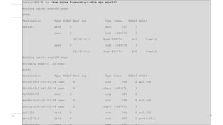 64 Copyright © 2009 Juniper Networks, Inc. www.juniper.net
labroot@PE1# run show route forwarding-table vpn evpn100
Routing table: evpn100.evpn
EVPN:
Destination Type RtRef Next hop Type Index NhRef Netif
default perm 0 dscd 531 1
user 0 indr 1048574 3
20.20.20.2 Push 299776 612 3 ae1.0
user 0 indr 1048579 3
10.10.10.2 Push 299776 620 3 ae0.0
Routing table: evpn100.evpn
Bridging domain: 100.evpn
EVPN:
Destination Type RtRef Next hop Type Index NhRef Netif
00:05:85:f5:70:01/48 user 0 ucst 596 6 ae2.100
00:05:85:f6:4f:f2/48 user 0 chain 15695871 3
0x30002/51 user 0 comp 624 2
aa:bb:cc:01:01:01/48 user 0 ucst 596 6 ae2.100
cc:cc:cc:01:01:01/48 user 0 chain 15695871 3
ae2.100 intf 0 ucst 596 6 ae2.100
ge-1/1/3.1 intf 0 ucst 607 2 ge-1/1/3.1
 