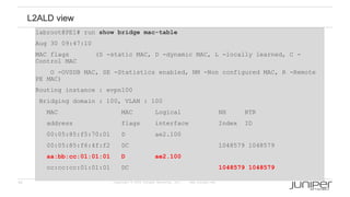 65 Copyright © 2009 Juniper Networks, Inc. www.juniper.net
labroot@PE1# run show bridge mac-table
Aug 30 09:47:10
MAC flags (S -static MAC, D -dynamic MAC, L -locally learned, C -
Control MAC
O -OVSDB MAC, SE -Statistics enabled, NM -Non configured MAC, R -Remote
PE MAC)
Routing instance : evpn100
Bridging domain : 100, VLAN : 100
MAC MAC Logical NH RTR
address flags interface Index ID
00:05:85:f5:70:01 D ae2.100
00:05:85:f6:4f:f2 DC 1048579 1048579
aa:bb:cc:01:01:01 D ae2.100
cc:cc:cc:01:01:01 DC 1048579 1048579
L2ALD view
 