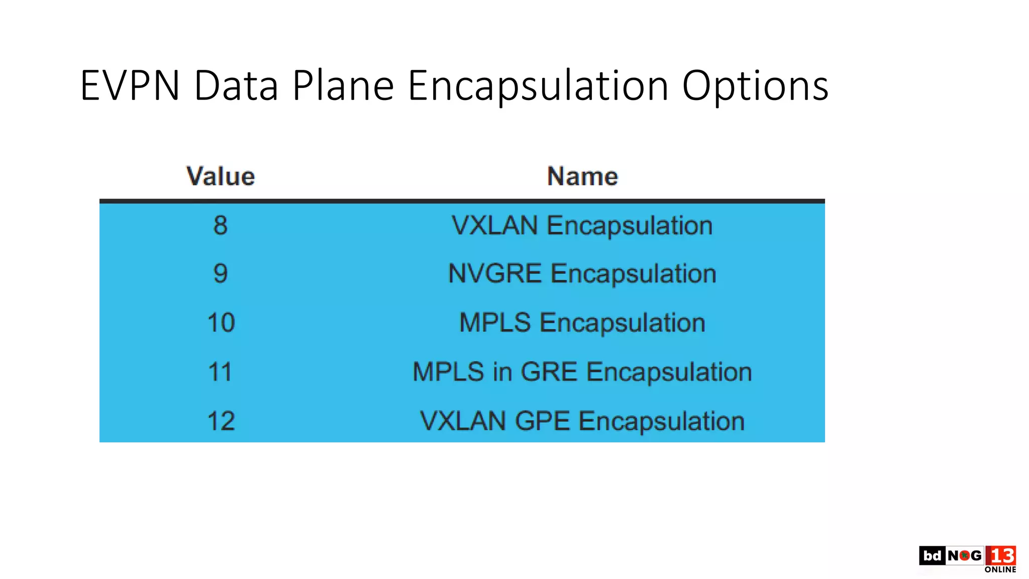 EVPN Data Plane Encapsulation Options
 