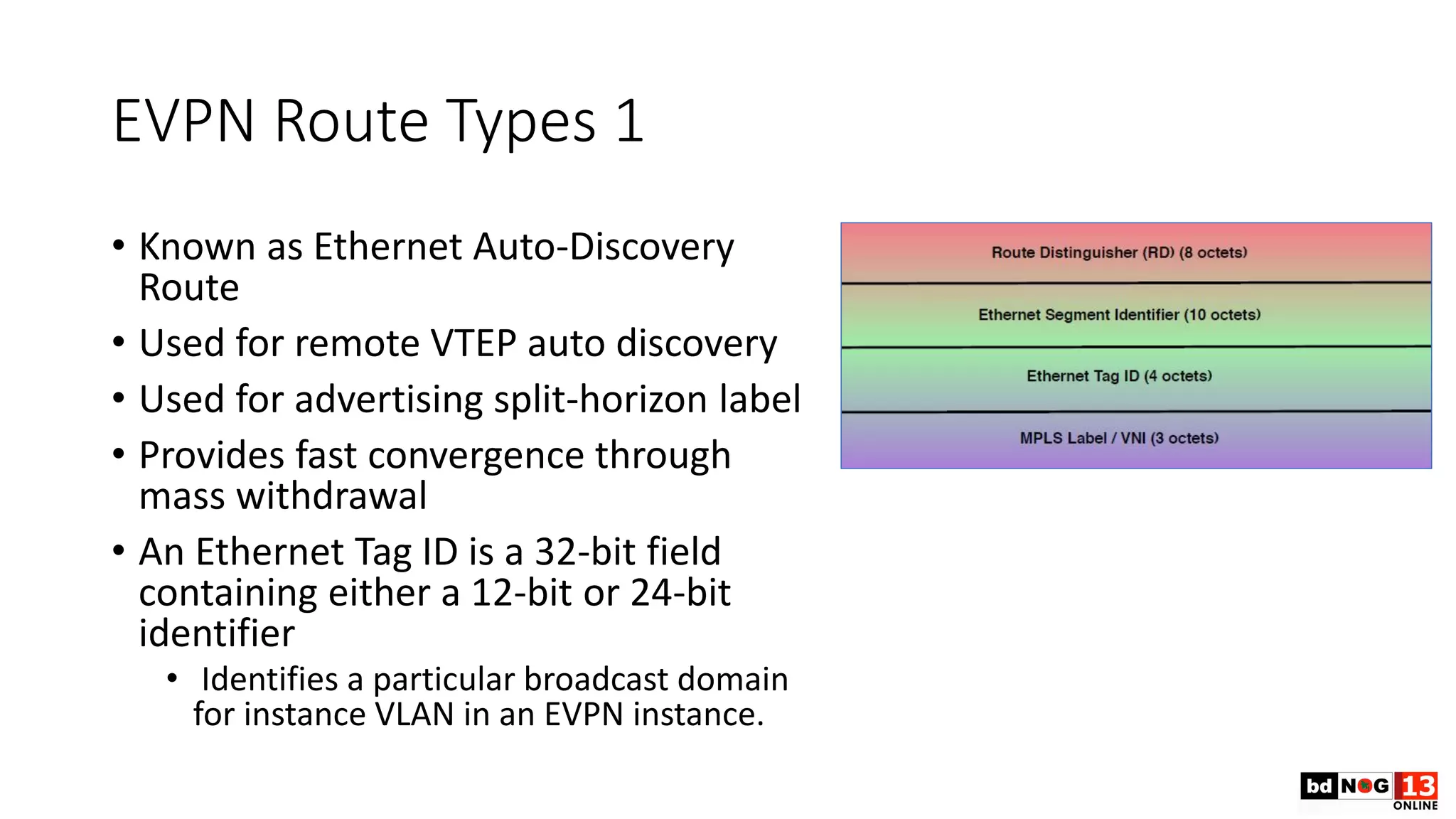 EVPN Route Types 1
• Known as Ethernet Auto-Discovery
Route
• Used for remote VTEP auto discovery
• Used for advertising split-horizon label
• Provides fast convergence through
mass withdrawal
• An Ethernet Tag ID is a 32-bit field
containing either a 12-bit or 24-bit
identifier
• Identifies a particular broadcast domain
for instance VLAN in an EVPN instance.
 