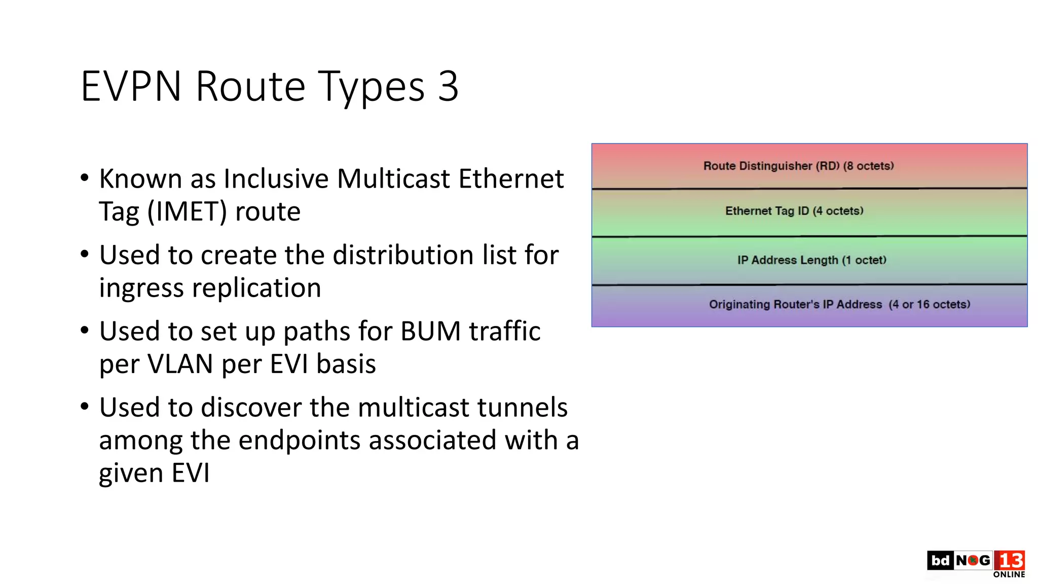 EVPN Route Types 3
• Known as Inclusive Multicast Ethernet
Tag (IMET) route
• Used to create the distribution list for
ingress replication
• Used to set up paths for BUM traffic
per VLAN per EVI basis
• Used to discover the multicast tunnels
among the endpoints associated with a
given EVI
 