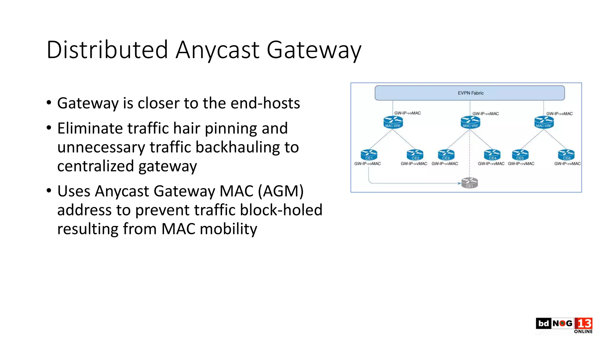 Distributed Anycast Gateway
• Gateway is closer to the end-hosts
• Eliminate traffic hair pinning and
unnecessary traffic backhauling to
centralized gateway
• Uses Anycast Gateway MAC (AGM)
address to prevent traffic block-holed
resulting from MAC mobility
 
