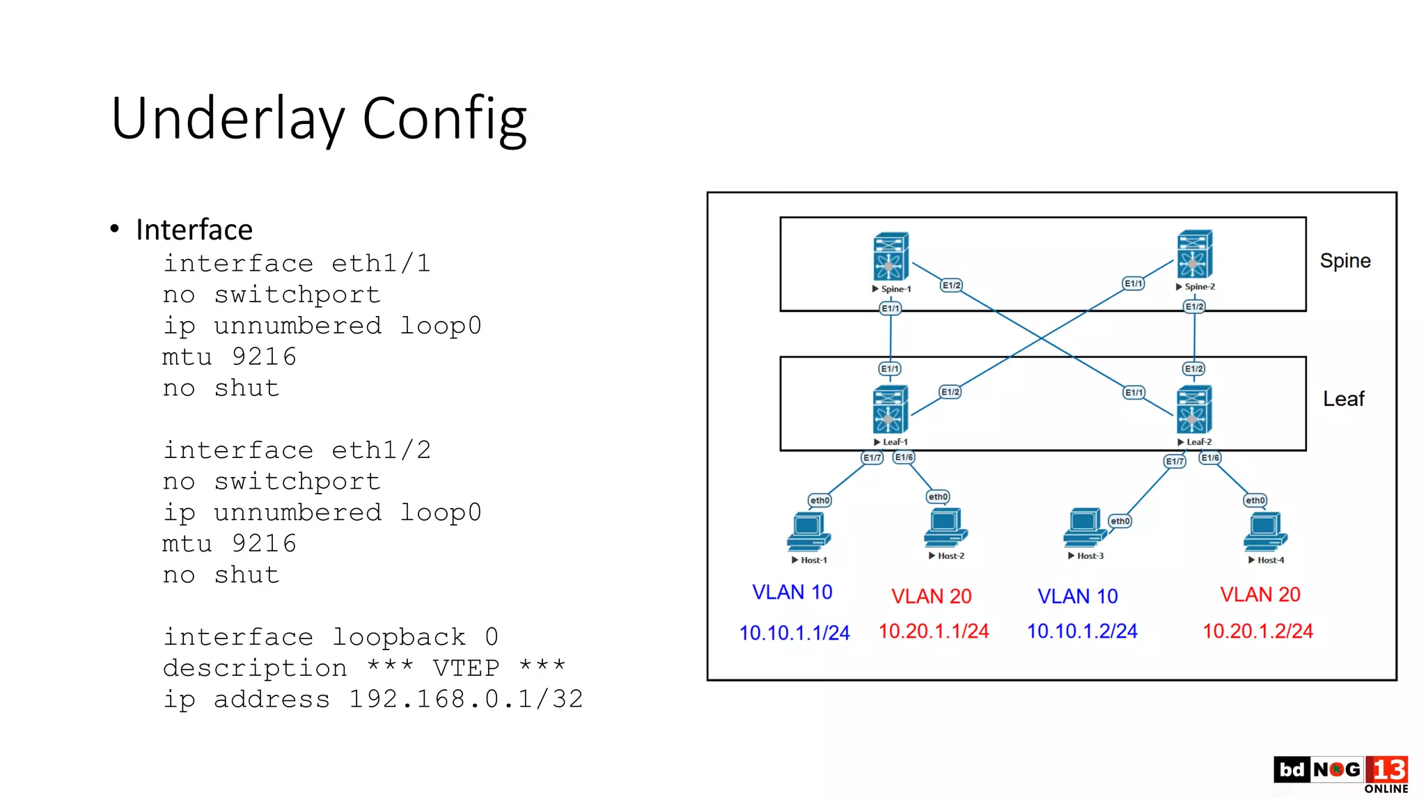 Underlay Config
• Interface
interface eth1/1
no switchport
ip unnumbered loop0
mtu 9216
no shut
interface eth1/2
no switchport
ip unnumbered loop0
mtu 9216
no shut
interface loopback 0
description *** VTEP ***
ip address 192.168.0.1/32
 