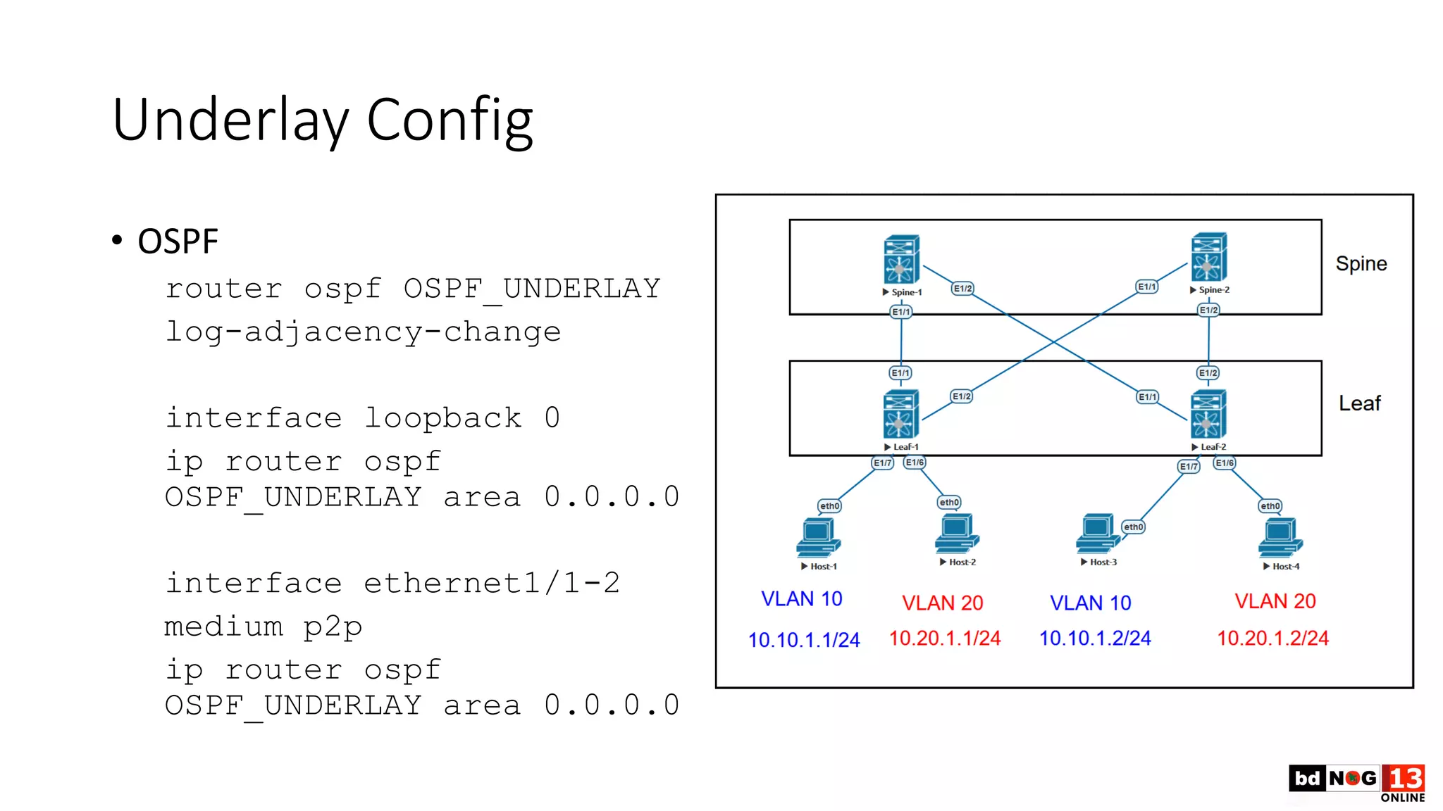 Underlay Config
• OSPF
router ospf OSPF_UNDERLAY
log-adjacency-change
interface loopback 0
ip router ospf
OSPF_UNDERLAY area 0.0.0.0
interface ethernet1/1-2
medium p2p
ip router ospf
OSPF_UNDERLAY area 0.0.0.0
 