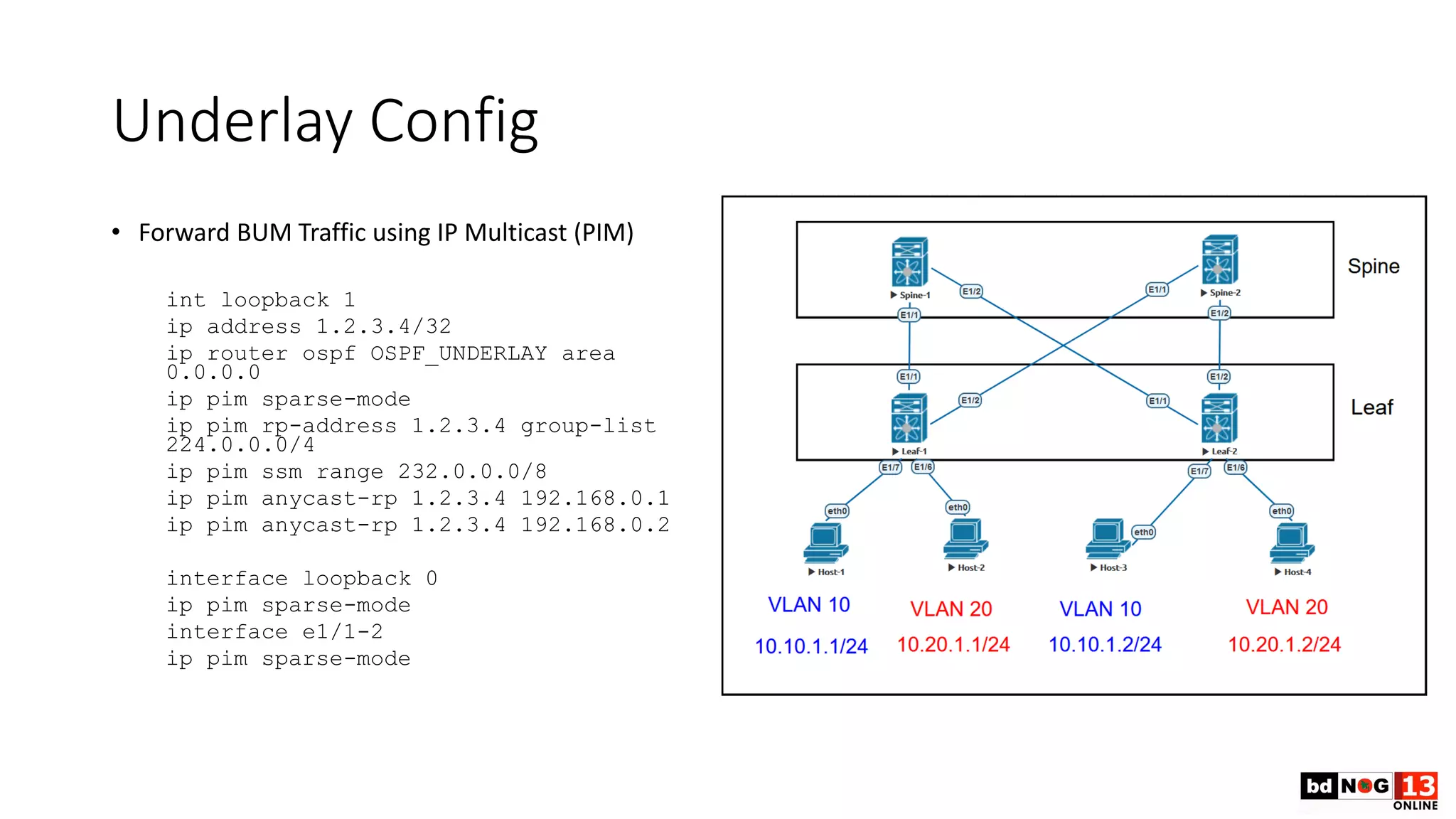 Underlay Config
• Forward BUM Traffic using IP Multicast (PIM)
int loopback 1
ip address 1.2.3.4/32
ip router ospf OSPF_UNDERLAY area
0.0.0.0
ip pim sparse-mode
ip pim rp-address 1.2.3.4 group-list
224.0.0.0/4
ip pim ssm range 232.0.0.0/8
ip pim anycast-rp 1.2.3.4 192.168.0.1
ip pim anycast-rp 1.2.3.4 192.168.0.2
interface loopback 0
ip pim sparse-mode
interface e1/1-2
ip pim sparse-mode
 