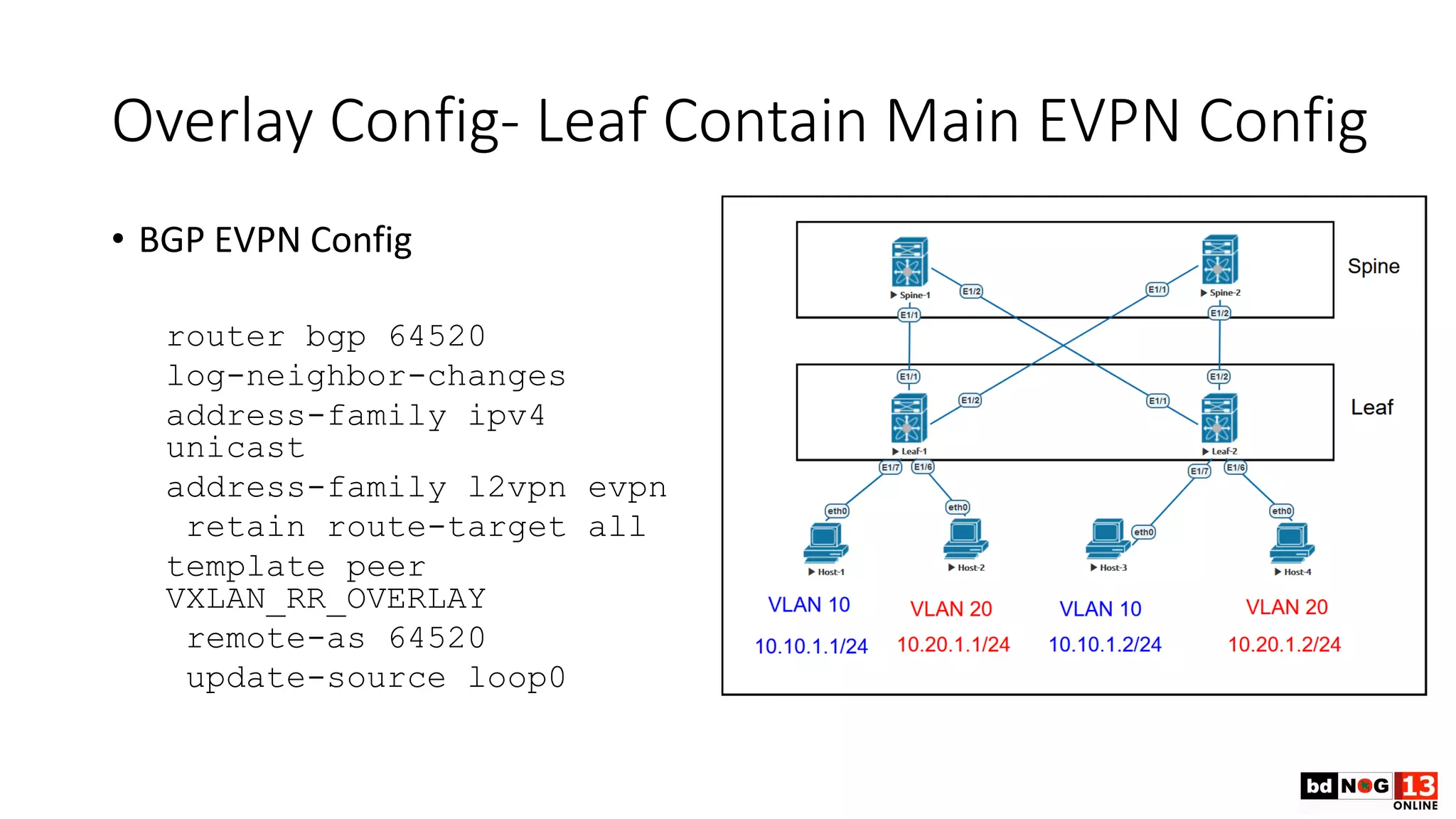 Overlay Config- Leaf Contain Main EVPN Config
• BGP EVPN Config
router bgp 64520
log-neighbor-changes
address-family ipv4
unicast
address-family l2vpn evpn
retain route-target all
template peer
VXLAN_RR_OVERLAY
remote-as 64520
update-source loop0
 