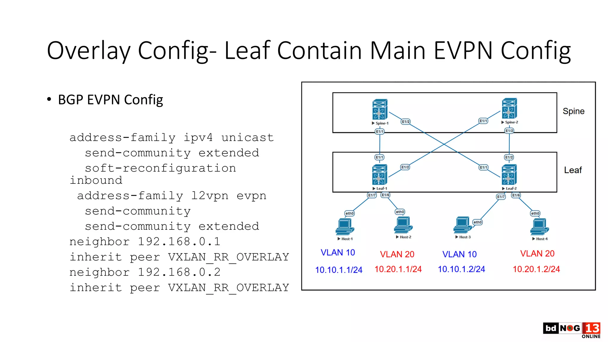 Overlay Config- Leaf Contain Main EVPN Config
• BGP EVPN Config
address-family ipv4 unicast
send-community extended
soft-reconfiguration
inbound
address-family l2vpn evpn
send-community
send-community extended
neighbor 192.168.0.1
inherit peer VXLAN_RR_OVERLAY
neighbor 192.168.0.2
inherit peer VXLAN_RR_OVERLAY
 