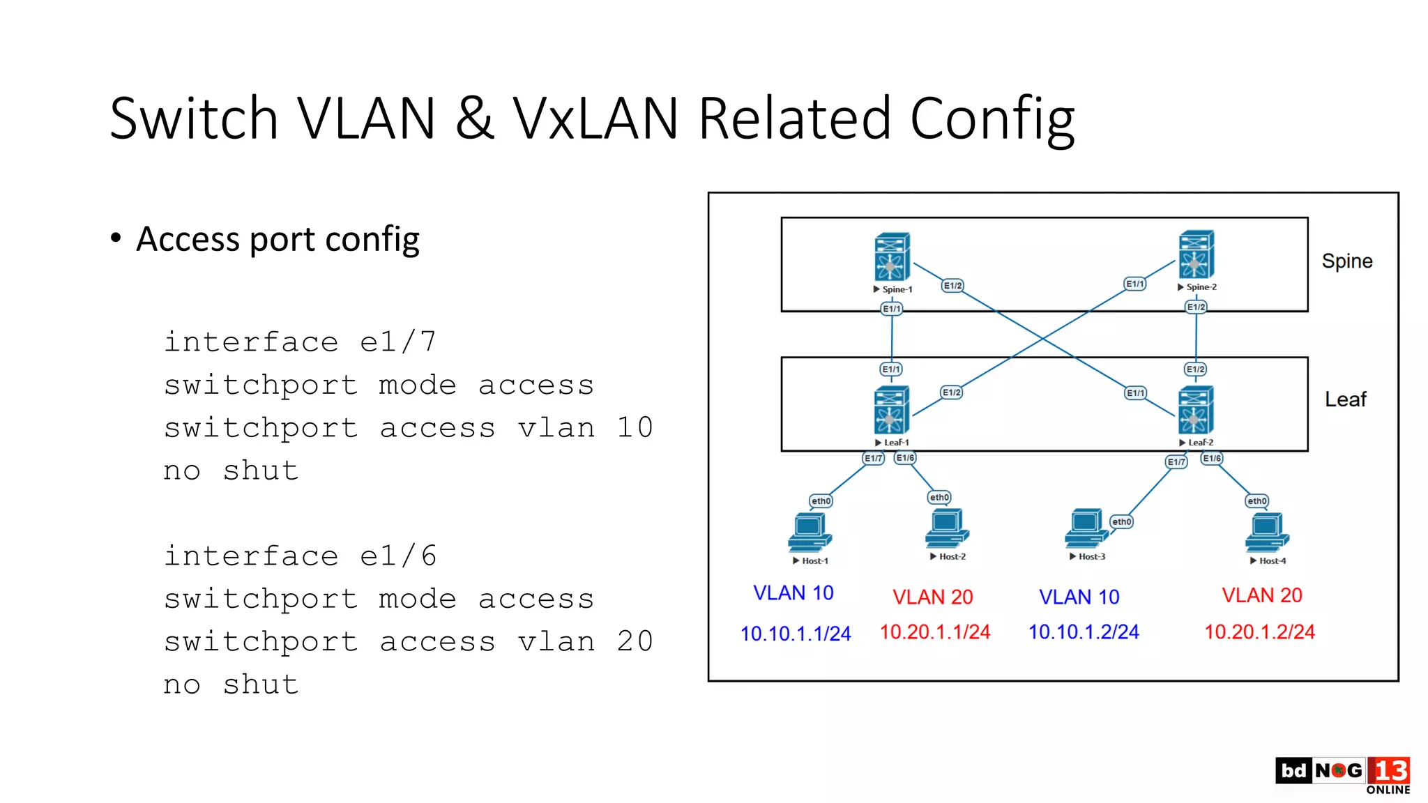 Switch VLAN & VxLAN Related Config
• Access port config
interface e1/7
switchport mode access
switchport access vlan 10
no shut
interface e1/6
switchport mode access
switchport access vlan 20
no shut
 
