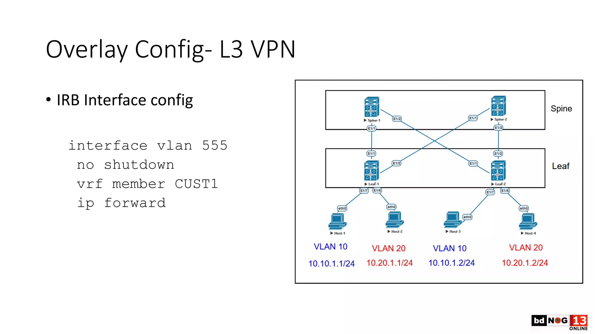 Overlay Config- L3 VPN
• IRB Interface config
interface vlan 555
no shutdown
vrf member CUST1
ip forward
 