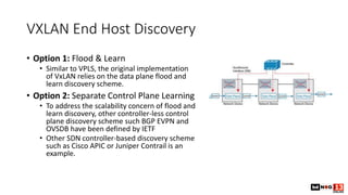 VXLAN End Host Discovery
• Option 1: Flood & Learn
• Similar to VPLS, the original implementation
of VxLAN relies on the data plane flood and
learn discovery scheme.
• Option 2: Separate Control Plane Learning
• To address the scalability concern of flood and
learn discovery, other controller-less control
plane discovery scheme such BGP EVPN and
OVSDB have been defined by IETF
• Other SDN controller-based discovery scheme
such as Cisco APIC or Juniper Contrail is an
example.
 