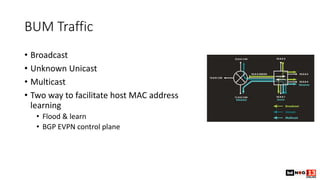 BUM Traffic
• Broadcast
• Unknown Unicast
• Multicast
• Two way to facilitate host MAC address
learning
• Flood & learn
• BGP EVPN control plane
 
