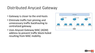 Distributed Anycast Gateway
• Gateway is closer to the end-hosts
• Eliminate traffic hair pinning and
unnecessary traffic backhauling to
centralized gateway
• Uses Anycast Gateway MAC (AGM)
address to prevent traffic block-holed
resulting from MAC mobility
 