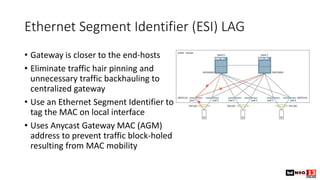 Ethernet Segment Identifier (ESI) LAG
• Gateway is closer to the end-hosts
• Eliminate traffic hair pinning and
unnecessary traffic backhauling to
centralized gateway
• Use an Ethernet Segment Identifier to
tag the MAC on local interface
• Uses Anycast Gateway MAC (AGM)
address to prevent traffic block-holed
resulting from MAC mobility
 