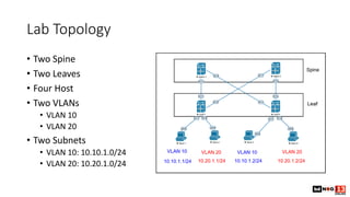 Lab Topology
• Two Spine
• Two Leaves
• Four Host
• Two VLANs
• VLAN 10
• VLAN 20
• Two Subnets
• VLAN 10: 10.10.1.0/24
• VLAN 20: 10.20.1.0/24
 