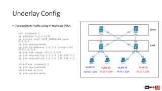 Underlay Config
• Forward BUM Traffic using IP Multicast (PIM)
int loopback 1
ip address 1.2.3.4/32
ip router ospf OSPF_UNDERLAY area
0.0.0.0
ip pim sparse-mode
ip pim rp-address 1.2.3.4 group-list
224.0.0.0/4
ip pim ssm range 232.0.0.0/8
ip pim anycast-rp 1.2.3.4 192.168.0.1
ip pim anycast-rp 1.2.3.4 192.168.0.2
interface loopback 0
ip pim sparse-mode
interface e1/1-2
ip pim sparse-mode
 