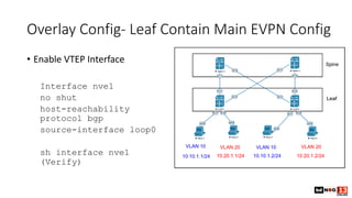 Overlay Config- Leaf Contain Main EVPN Config
• Enable VTEP Interface
Interface nve1
no shut
host-reachability
protocol bg...