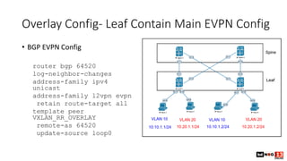 Overlay Config- Leaf Contain Main EVPN Config
• BGP EVPN Config
router bgp 64520
log-neighbor-changes
address-family ipv4
...