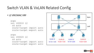 Switch VLAN & VxLAN Related Config
• L2 VRF/MAC VRF
evpn
vni 100010 l2
rd auto
route-target import auto
route-target expor...