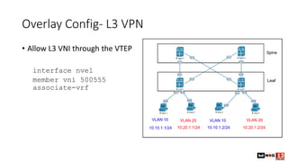 Overlay Config- L3 VPN
• Allow L3 VNI through the VTEP
interface nve1
member vni 500555
associate-vrf
 