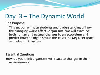 Day  3 – The Dynamic World,[object Object],The Purpose:,[object Object],	This section will give students and understanding of how the changing world affects organisms. We will examine both human and natural changes to an ecosystem and predict how the organism (in this case) the Key Deer react and adapt, if they can.,[object Object],Essential Questions:,[object Object],How do you think organisms will react to changes in their environment? ,[object Object]