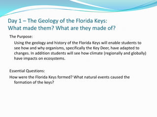 Day 1 – The Geology of the Florida Keys: What made them? What are they made of?,[object Object],The Purpose:,[object Object],	Using the geology and history of the Florida Keys will enable students to see how and why organisms, specifically the Key Deer, have adapted to changes. In addition students will see how climate (regionally and globally) have impacts on ecosystems.,[object Object],Essential Questions:,[object Object],How were the Florida Keys formed? What natural events caused the formation of the keys?,[object Object]
