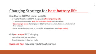 Charging Strategy for best battery-life
Best Charge: SLOW at homes in nights
◦ or two to three hours SLOW charging at office or parking lots
◦ Will use on-board charger: what kind of on-board charger does vehicle have?
◦ 15 Amp single phase charging (up to 3 kW) for two-wheelers, three-wheelers or small
four-wheelers
◦ Three phase charging (6 kW to 20 kW) for larger vehicles with larger battery
Only occasional FAST charging
◦ Long-distance trips, vacations
◦ Charging during restaurant visits
Buses and Taxis may need regular FAST charging
 