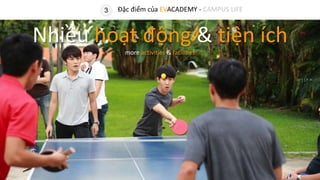 3 Đặc điểm của EVACADEMY - CAMPUS LIFE
Nhiều hoạt động & tiện ích
more activities & facilities
 