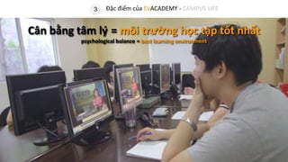 3 Đặc điểm của EVACADEMY - CAMPUS LIFE
Cân bằng tâm lý = môi trường học tập tốt nhất
psychological balance = best learning environment
 