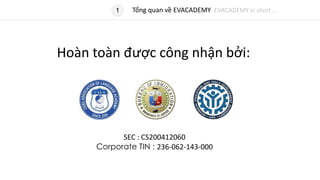 1
Hoàn toàn được công nhận bởi:
SEC : CS200412060
Corporate TIN : 236-062-143-000
Tổng quan về EVACADEMY EVACADEMY in short …
 