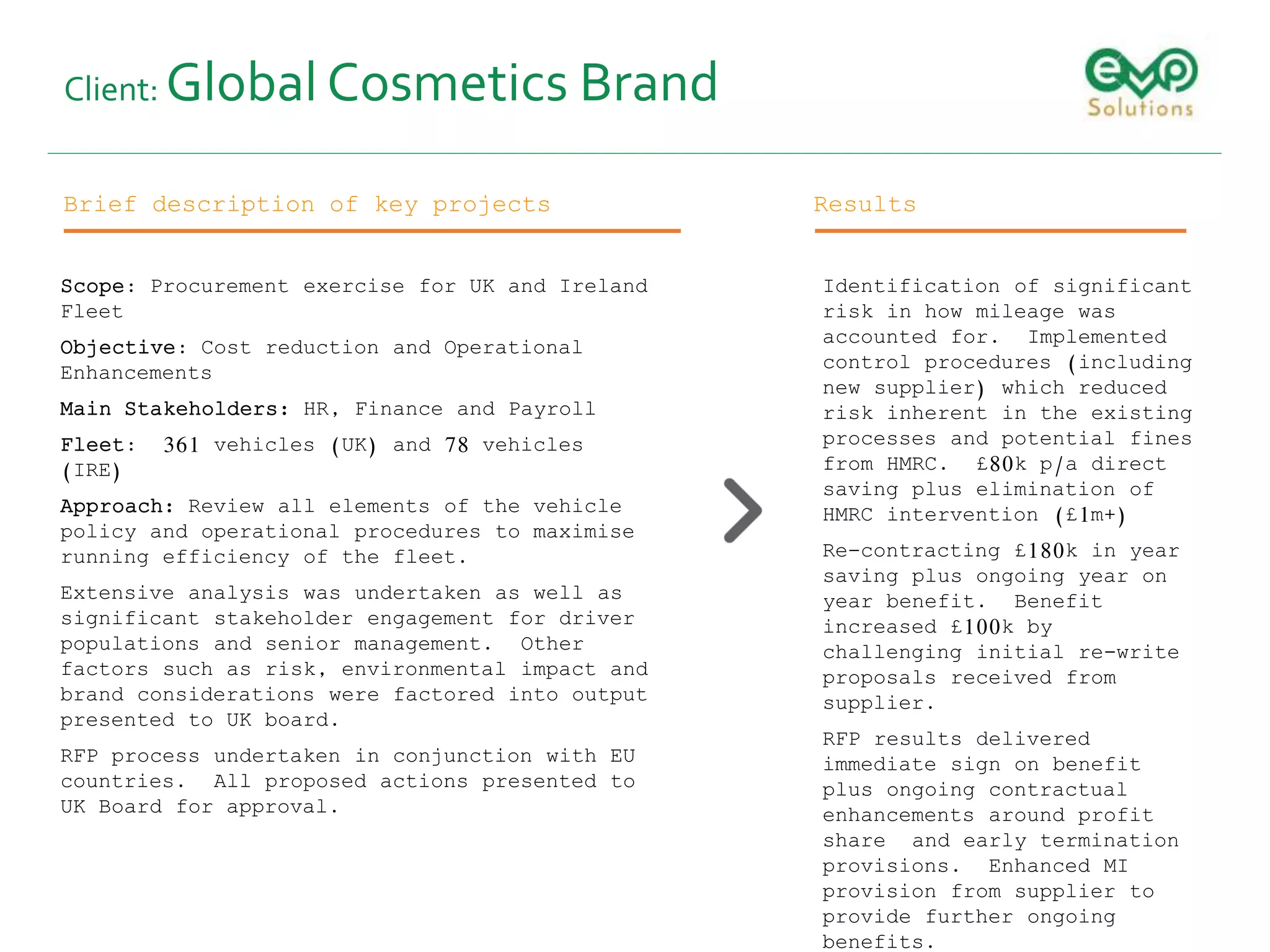 Client: Global Cosmetics Brand
Brief description of key projects Results
Identification of significant
risk in how mileage was
accounted for. Implemented
control procedures (including
new supplier) which reduced
risk inherent in the existing
processes and potential fines
from HMRC. £80k p/a direct
saving plus elimination of
HMRC intervention (£1m+)
Re-contracting £180k in year
saving plus ongoing year on
year benefit. Benefit
increased £100k by
challenging initial re-write
proposals received from
supplier.
RFP results delivered
immediate sign on benefit
plus ongoing contractual
enhancements around profit
share and early termination
provisions. Enhanced MI
provision from supplier to
provide further ongoing
benefits.
Scope: Procurement exercise for UK and Ireland
Fleet
Objective: Cost reduction and Operational
Enhancements
Main Stakeholders: HR, Finance and Payroll
Fleet: 361 vehicles (UK) and 78 vehicles
(IRE)
Approach: Review all elements of the vehicle
policy and operational procedures to maximise
running efficiency of the fleet.
Extensive analysis was undertaken as well as
significant stakeholder engagement for driver
populations and senior management. Other
factors such as risk, environmental impact and
brand considerations were factored into output
presented to UK board.
RFP process undertaken in conjunction with EU
countries. All proposed actions presented to
UK Board for approval.
 