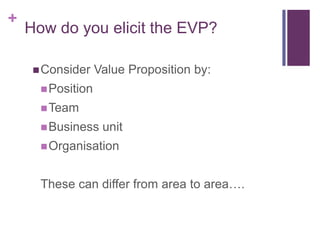 How do you elicit the EVP?Consider Value Proposition by:PositionTeamBusiness unitOrganisationThese can differ from area to area….