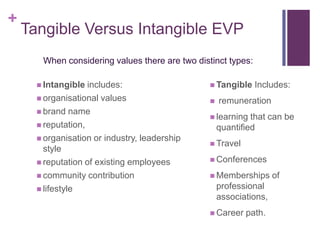 Tangible Versus Intangible EVPWhen considering values there are two distinct types:Intangible includes: organisational values brand namereputation, organisation or industry, leadership stylereputation of existing employeescommunity contributionlifestyle  Tangible Includes: remunerationlearning that can be quantifiedTravelConferencesMemberships of professional associations, Career path.