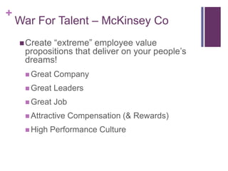 War For Talent – McKinsey CoCreate “extreme” employee value propositions that deliver on your people’s dreams!Great CompanyGreat LeadersGreat JobAttractive Compensation (& Rewards)High Performance Culture