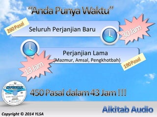 Seluruh Perjanjian BaruSeluruh Perjanjian Baru
Perjanjian Lama
(Mazmur, Amsal, Pengkhotbah)
Perjanjian Lama
(Mazmur, Amsal, Pengkhotbah)
CopyrightCopyright ©© 2014 YLSA2014 YLSA
 