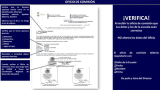 OFICIO DE COMISIÓN
¡VERIFICA!
Al recibir tu oficio de comisión que
tus datos y los de la escuela sean
correctos
NO alteres los datos del Oficio
El oficio de comisión deberás
requisitarlo con:
Sello de la Escuela
Fecha
Nombre
Firma
De puño y letra del Director
ROSAS HERNANDEZ HERIBERTO
ROHH800506
LUIS DONALDO COLOSIO MURRIETA
21EST0021U
MATUTINO
AV. PRINCIPAL SIN NÚMERO
ESPERANZA
ESPERANZA
MTRO. JUAN CARLOS MURRIETA SALGADO
Verifica que tu Nombre
aparezca escrito como en tu
identificación oficial por:
Apellido paterno, Apellido
Materno, Nombre
Observa que el R.F.C. no tenga
error de captura
Cuando recibas el Oficio de
Comisión, checa que tenga Sello
de CORDE y Firma del
Coordinador Regional de
Desarrollo Educativo
Verifica que el Turno aparezca
descrito:
 Matutino
 Vespertino
 Nocturno
 Mixto
… según el caso
Municipio y Localidad deben
aparecer descritos
 